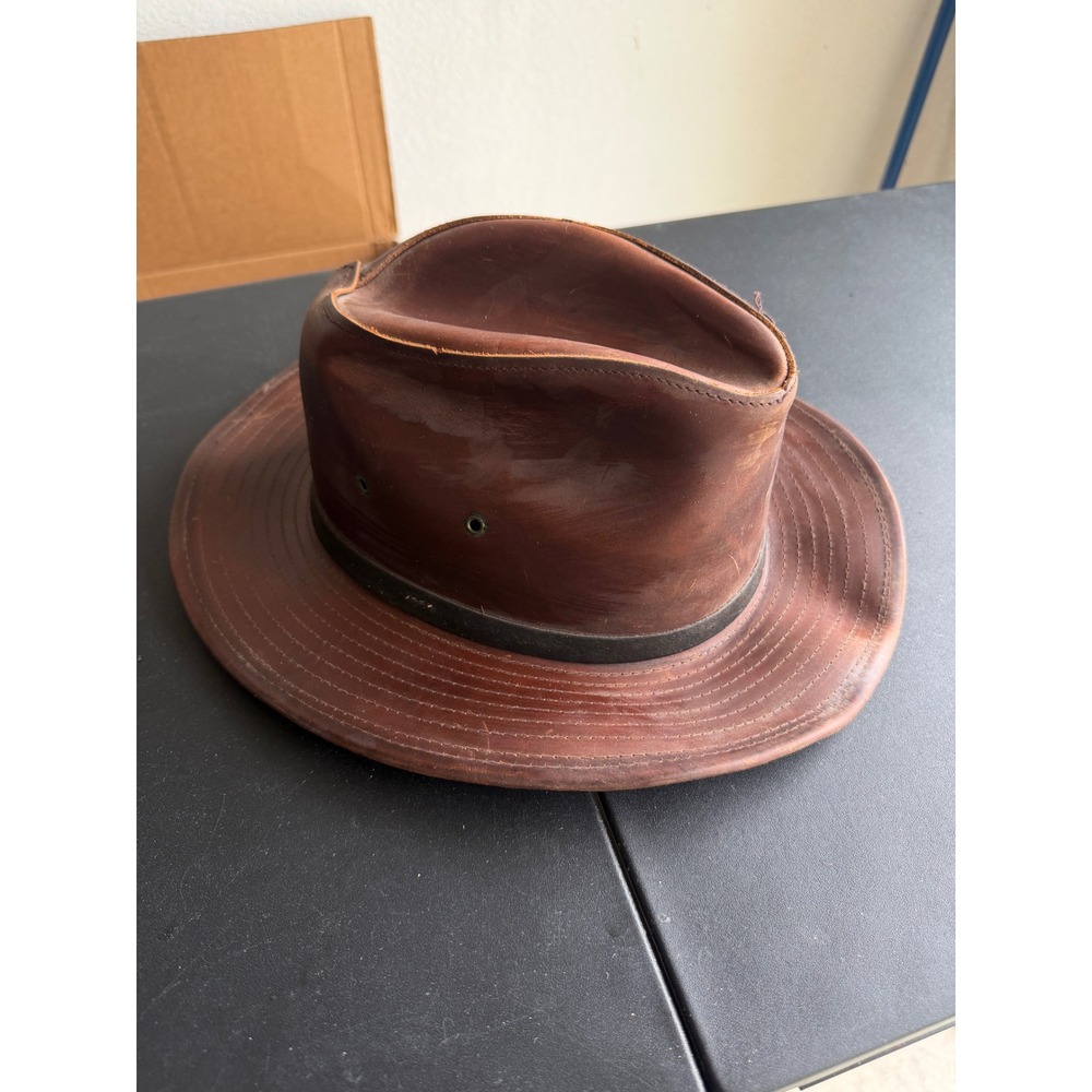 Henschel Hat Co USA Brown Leather Outback Fedora Hat Mens Medium Weathered